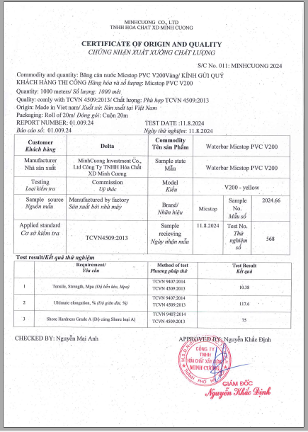 Chứng nhận chất lượng băng cản nước PVC V200