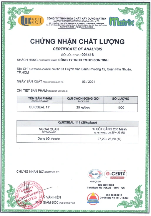 Chứng nhận chất lượng chất chống thấm Quicseal 111