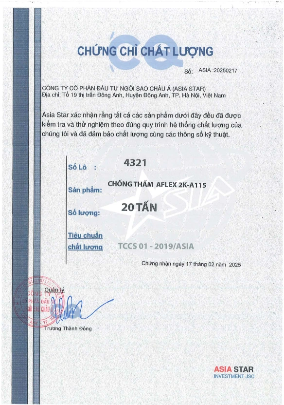 Chứng nhận sản phẩm chống thấm Aflex 2K A115